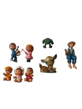 Vintage Miniature Figurine Set Celluloid Deer, Fisherman, Babies, Kids Set of 8